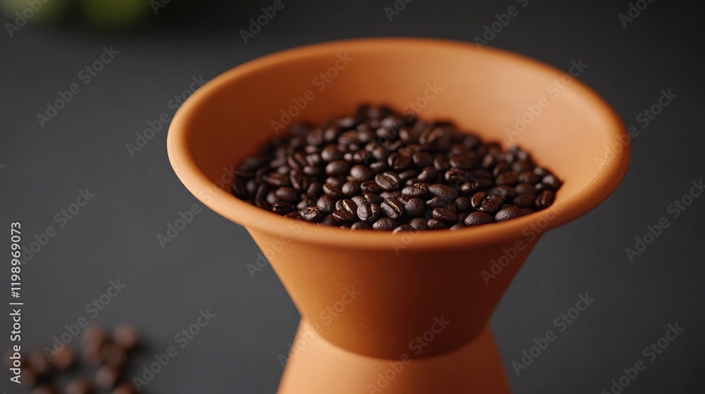 Poster close up of terracotta funnel filled with dark roasted coffee beans on a black table with empty spac