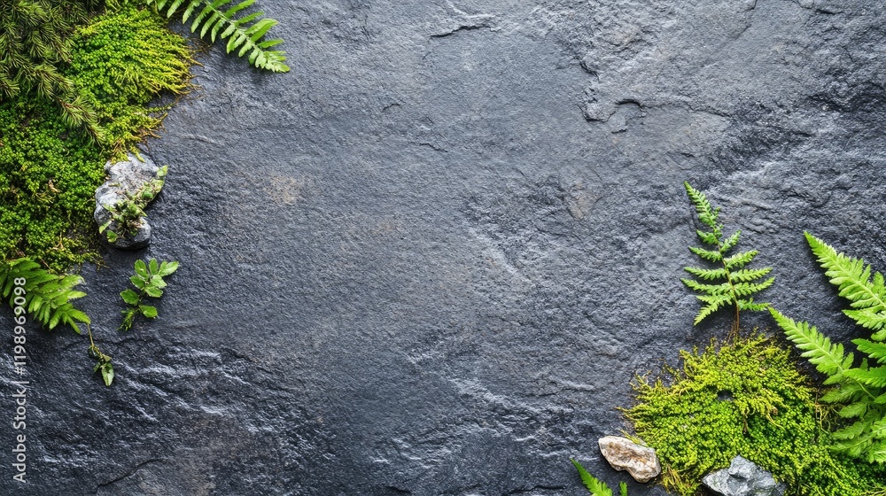 Poster close-up view of green moss and ferns on dark stone, featuring empty space for text