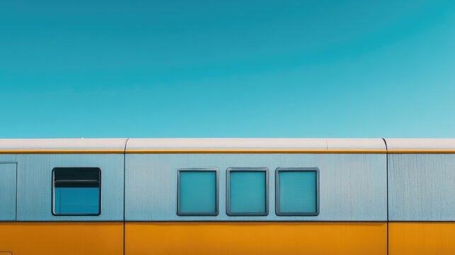 Detailed view of yellow train side against clear blue sky and blank area for text