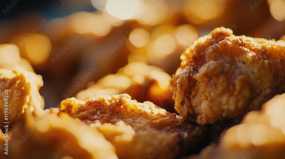 Poster close up of golden fried chicken wings with selective focus featuring crisp texture and bokeh backgr