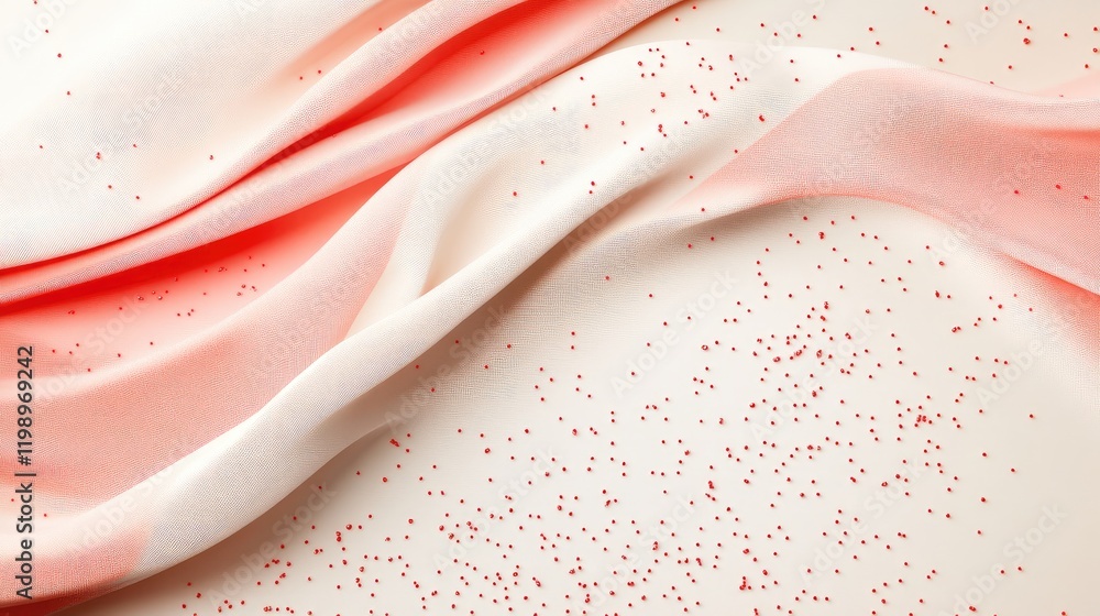 Poster elegant close-up of soft flowing peach and cream fabric adorned with scattered pink glitter, ideal f