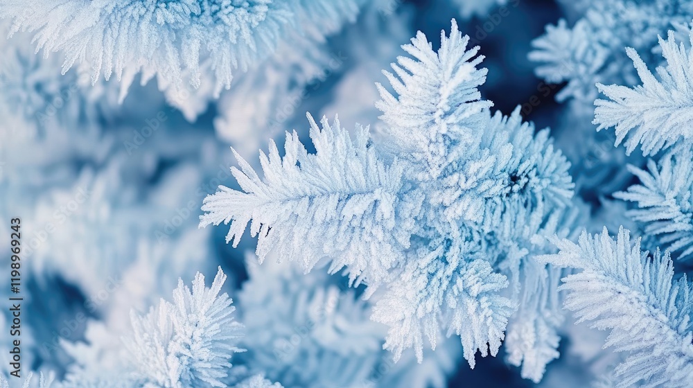 Poster frosted tree branches close up in icy blue tones against a soft blurred winter background allowing f