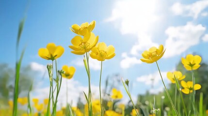 Fototapeta premium Bright yellow flowers under a blue sky with fluffy clouds.