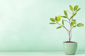 Fototapeta premium Potted plant on mint green background enhances minimalist decor