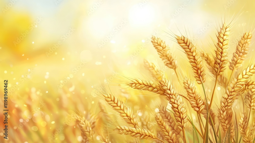 Poster Close-up of golden wheat ears in a sunlit autumn field with blurred yellow background and empty space for text, macro perspective ideal for agriculture themes