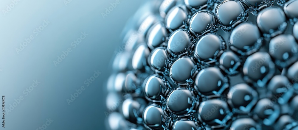 Poster close-up view of reflective metallic spheres with soft blue background showcasing intricate details 