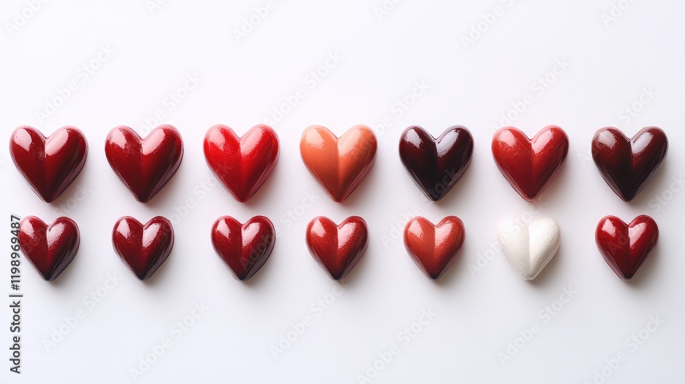 Aufkleber Close Up Arrangement of Red and Maroon Heart Shapes in Various Shades on White Background with Blank Space for Text and Design