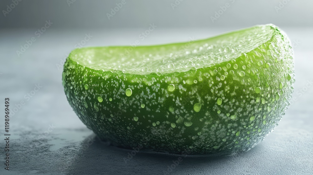 Aufkleber close-up of a fresh cucumber slice with water droplets on a textured gray surface with ample empty s