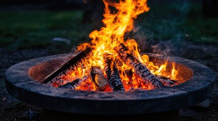Fototapeta premium Glowing orange embers and vibrant flames in a rustic stone fire pit surrounded by a serene green outdoor setting with space for text.