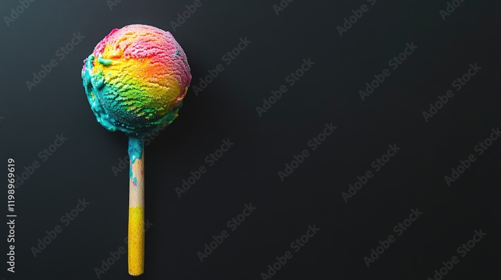 Poster vibrant rainbow ice cream scoop on a black background with empty space for text, showcasing colorful