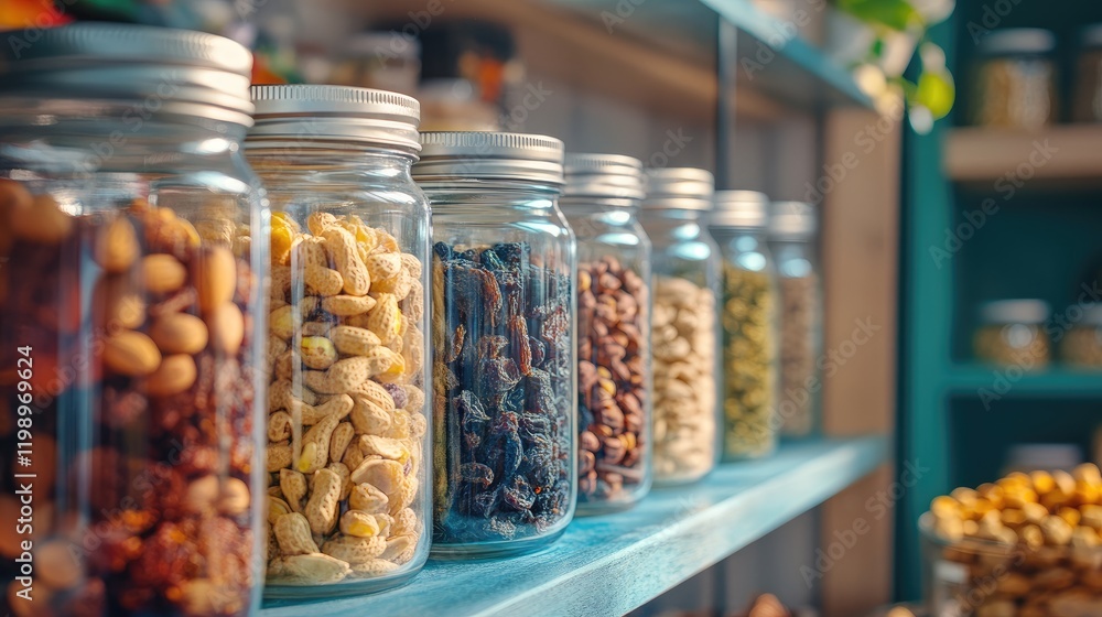 Poster Assorted colorful nuts and dried fruits in glass jars on wooden display shelf with soft focused market background and ample copy space for text