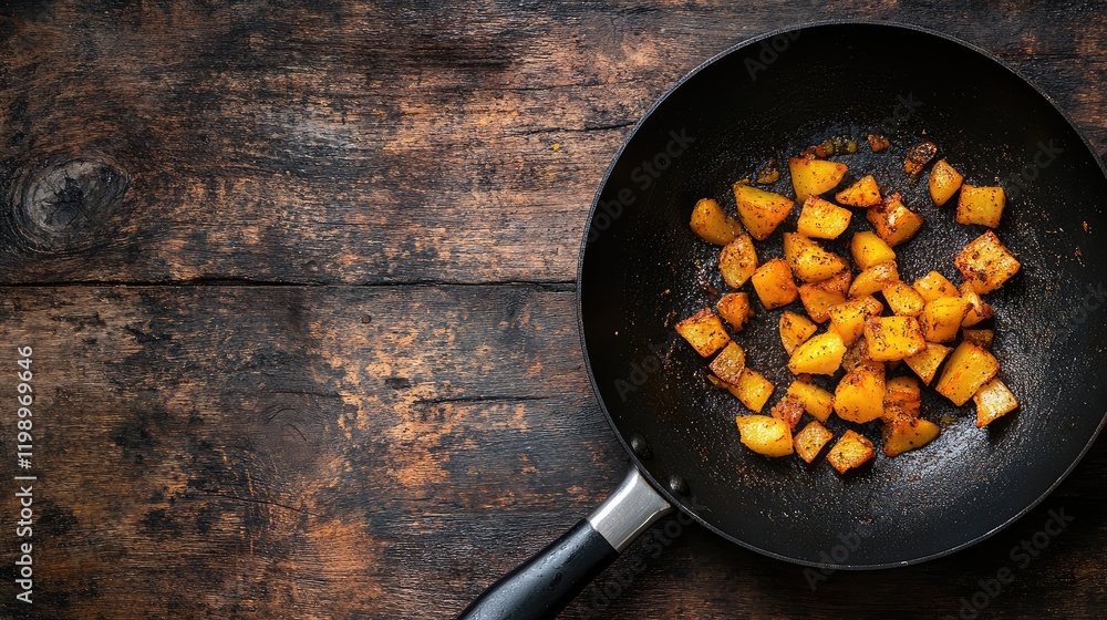 Poster crispy golden fried potatoes in a black frying pan placed on rustic wooden table with empty space fo