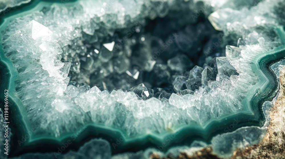 Poster glittering sage green geode stone crystal close-up with clear copy space and text area ideal for nat