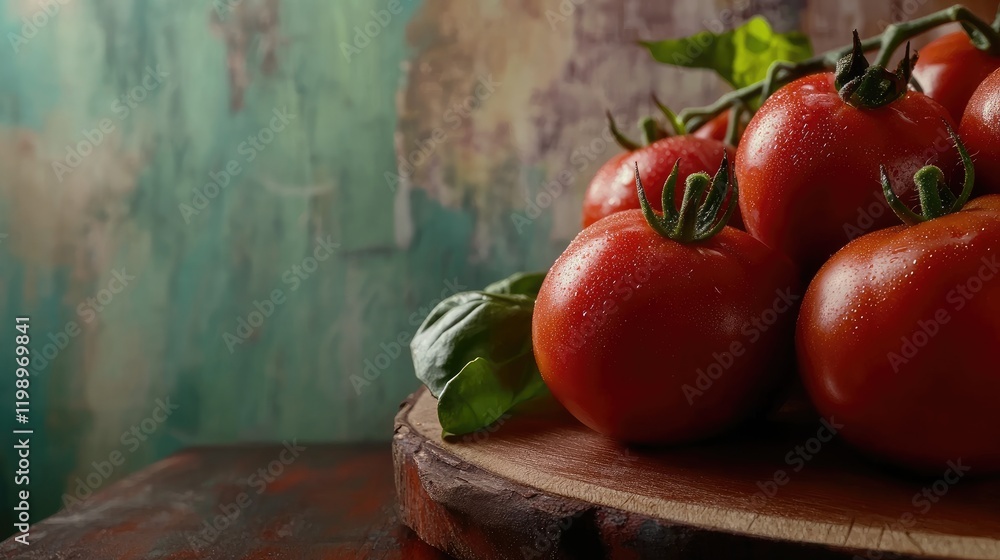 Poster close-up of vibrant red tomatoes on a rustic wooden board with fresh basil leaves, featuring earthy 