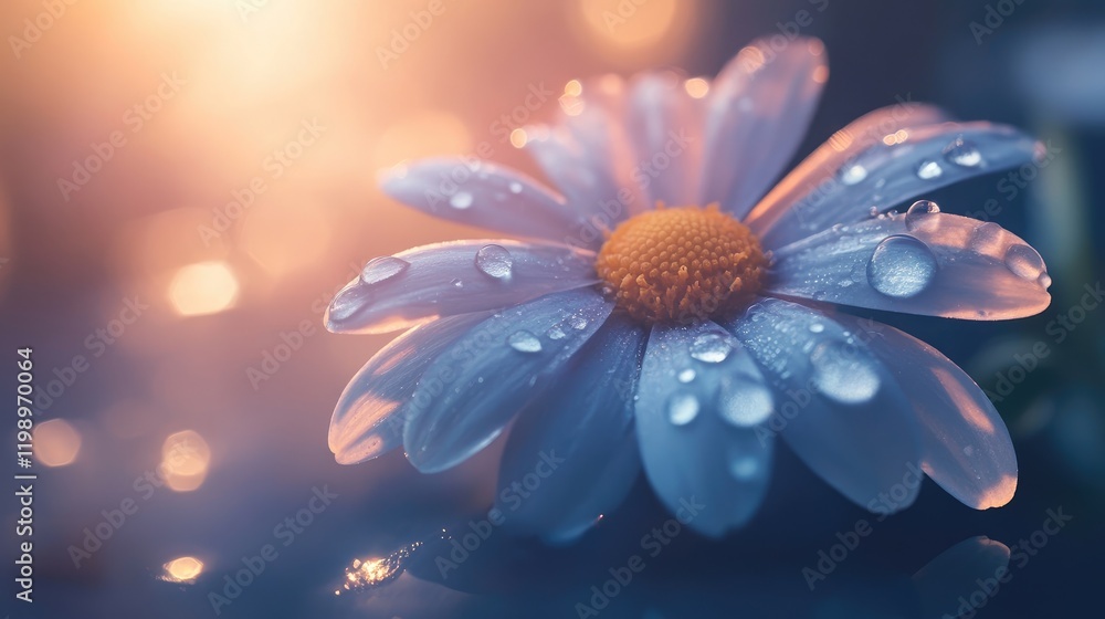 Poster close up of a delicate white daisy with water droplets against a soft illuminated background in warm