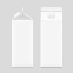 Packaging box with cap for milk, yogurt, juice mockup. Front and side view. Vector illustration isolated on grey background. Ready and simple to use for your design. EPS10.	