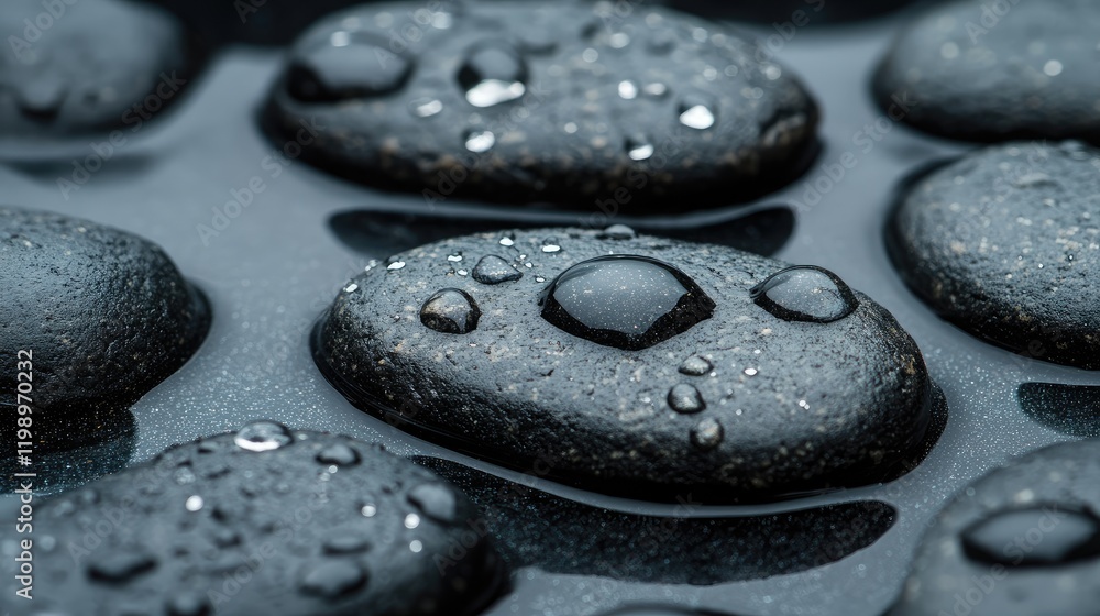 Poster glistening water droplets on smooth black pebbles resting in a tranquil dark surface with soft refle