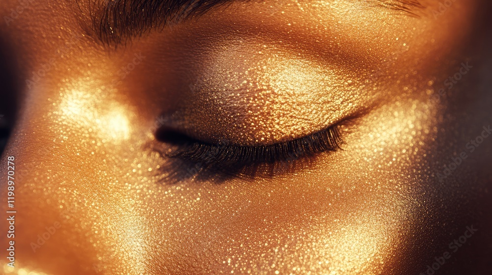 Poster glistening golden skin close-up with soft warm lighting and empty space for text in an inviting back