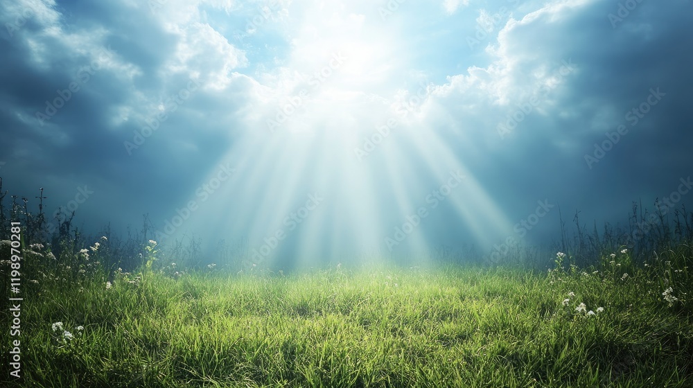 Poster twilight glade with sunlight beaming through dramatic clouds over green grass field and empty text s