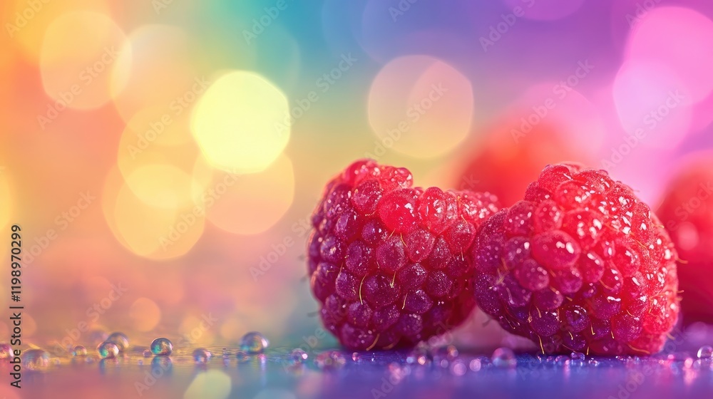 Poster vibrant close-up of fresh raspberries with dew droplets on a colorful blurred bokeh background featu