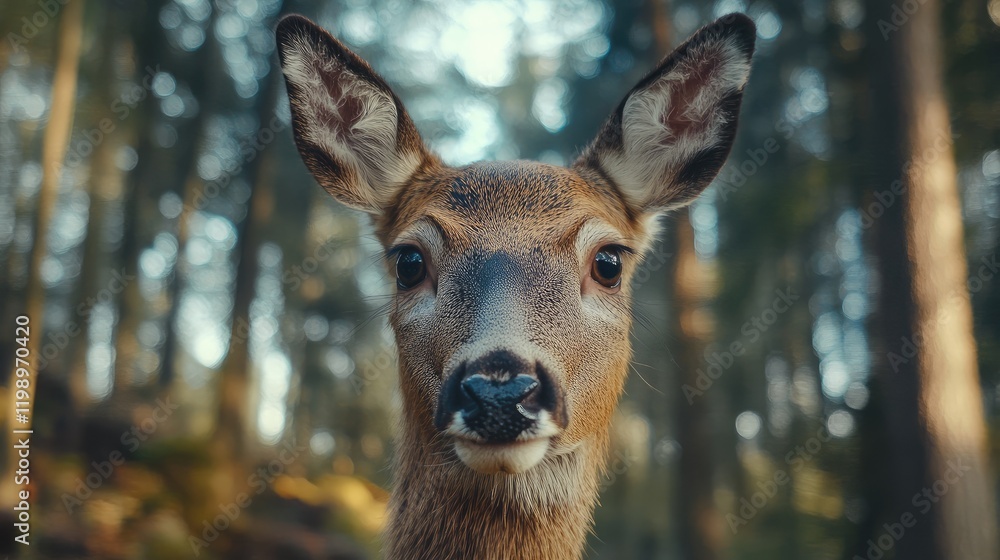 Poster close-up portrait of a roe deer with soft brown fur and expressive eyes surrounded by a blurred gree