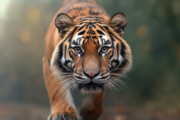 Fototapeta premium Majestic tiger walking through a dense forest showcasing its powerful presence and striking features