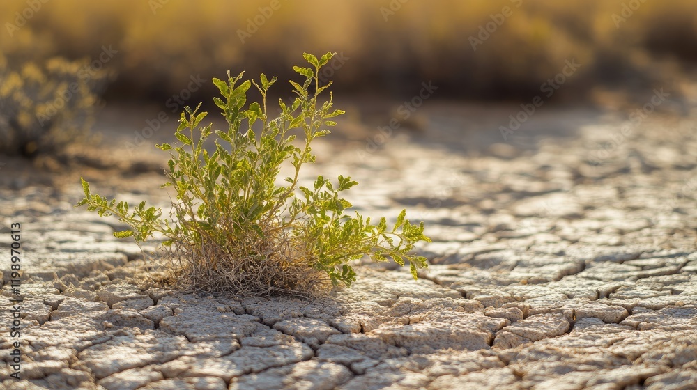 Poster close up of vibrant green shrub thriving in dry cracked earth with soft focus background and ample c