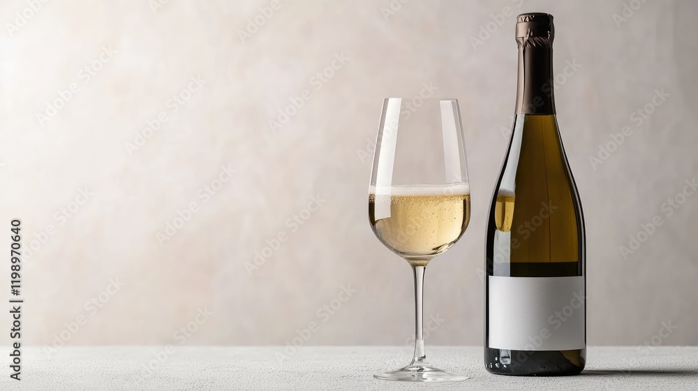 Poster elegant close-up of a chilled champagne bottle and glass filled with sparkling golden bubbly on a so