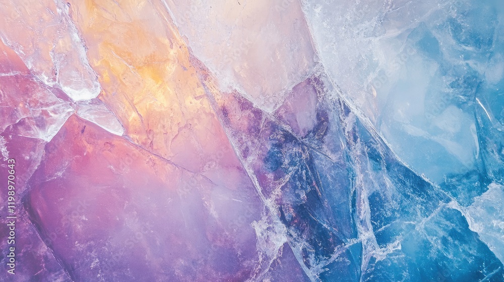 Poster vibrant close-up of glacier ice displaying hues of purple, blue, and orange with intricate fractures
