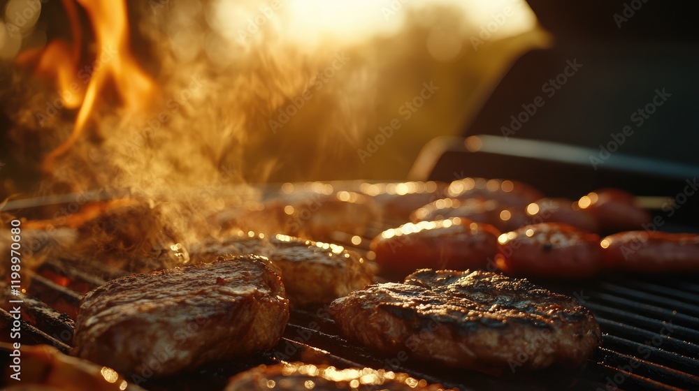 Poster grilled steaks and sausages on barbecue grill with steam rising in warm morning light against blurre