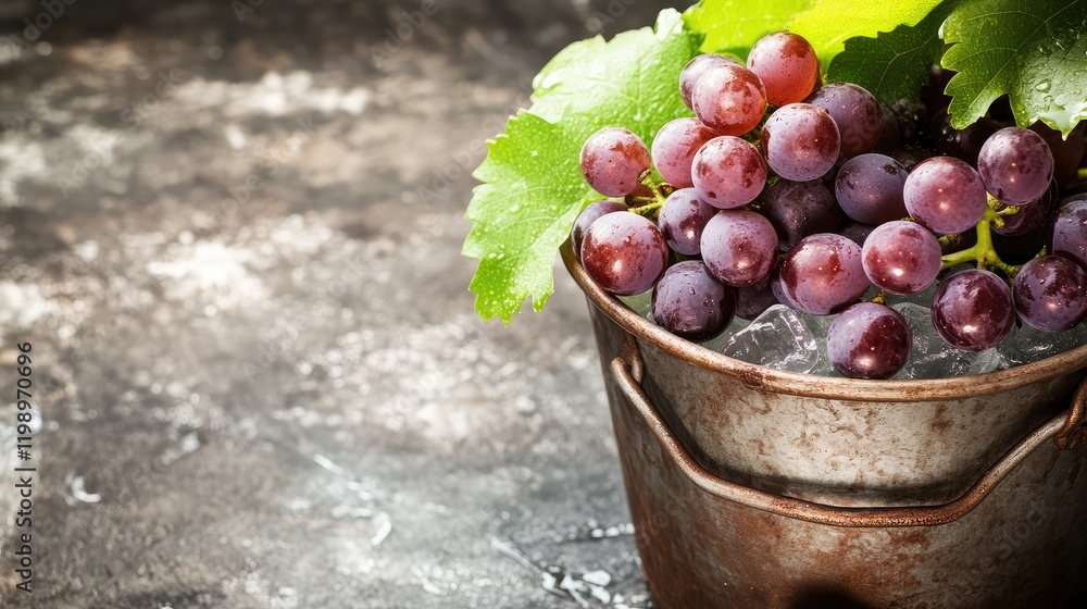 Aufkleber Close up of purple grapes with green leaves in an ice bucket on textured gray background with summer vibe and empty space for text
