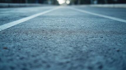 Close-up view of a weathered concrete road surface in soft gray tones with dynamic depth and empty space for text in a tranquil urban setting