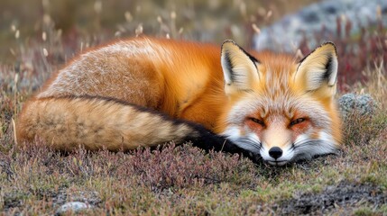 Fototapeta premium Close-up view of a Red Fox resting on lush green grasses with soft brown hues in a serene natural landscape ideal for text placement
