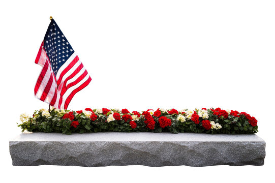 Memorial tribute with american flag and flowers usa