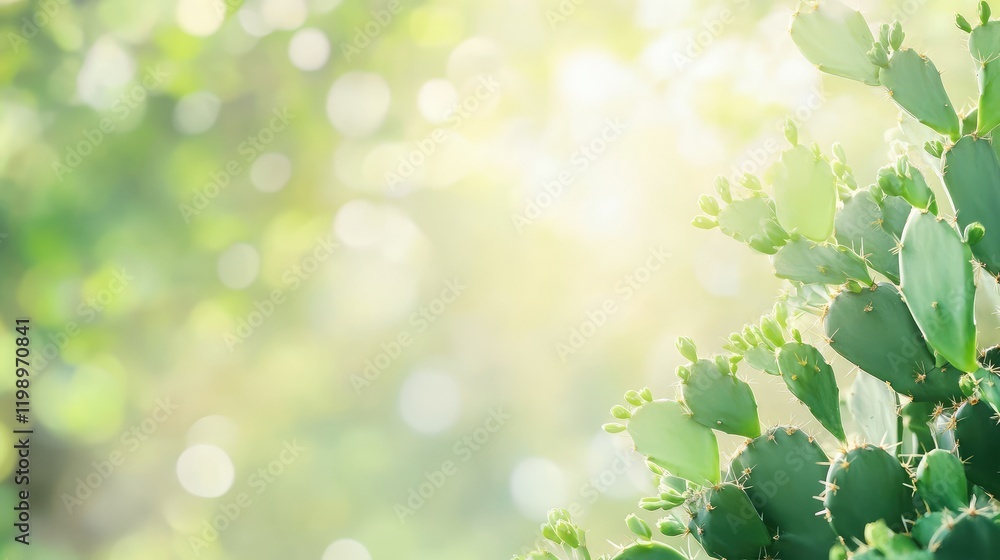 Aufkleber Detailed view of green cactus against a softly blurred background of greenery, featuring empty space for text on the right side.