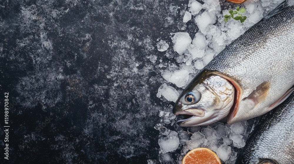 Poster fresh catch of salmon on crushed ice with citrus slices in dark background and empty space for text 