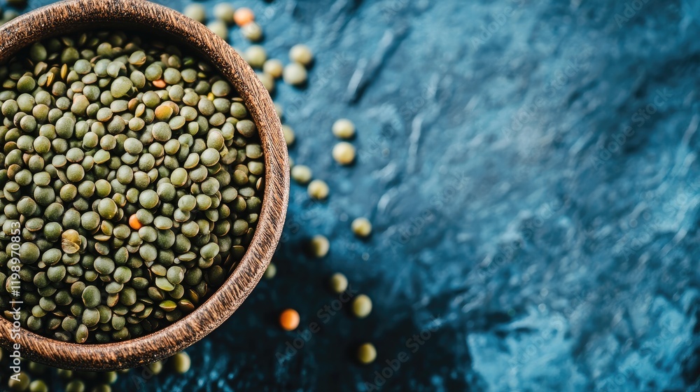 Poster close up view of a wooden bowl filled with green lentils on a textured blue background with scattere