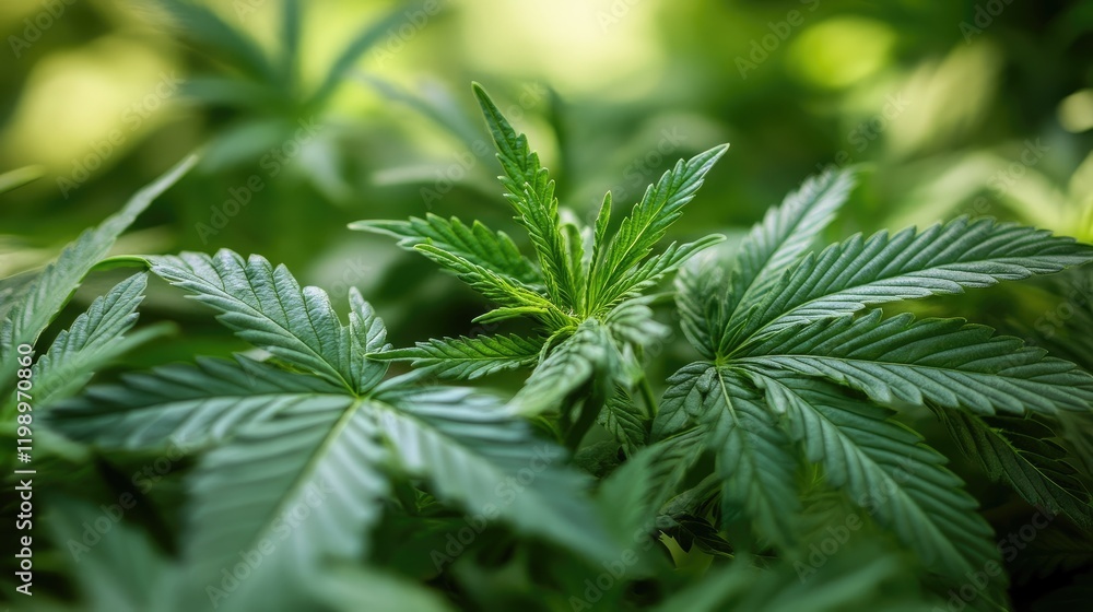 Poster Close up of vibrant green cannabis leaves with a soft blurred green background and ample empty copy space for text placement