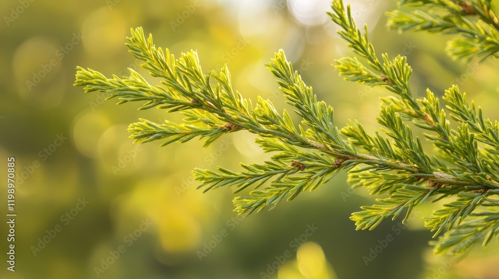 Aufkleber Close up view of vibrant green evergreen fir branches against a soft natural bokeh background with ample empty space for text inclusion
