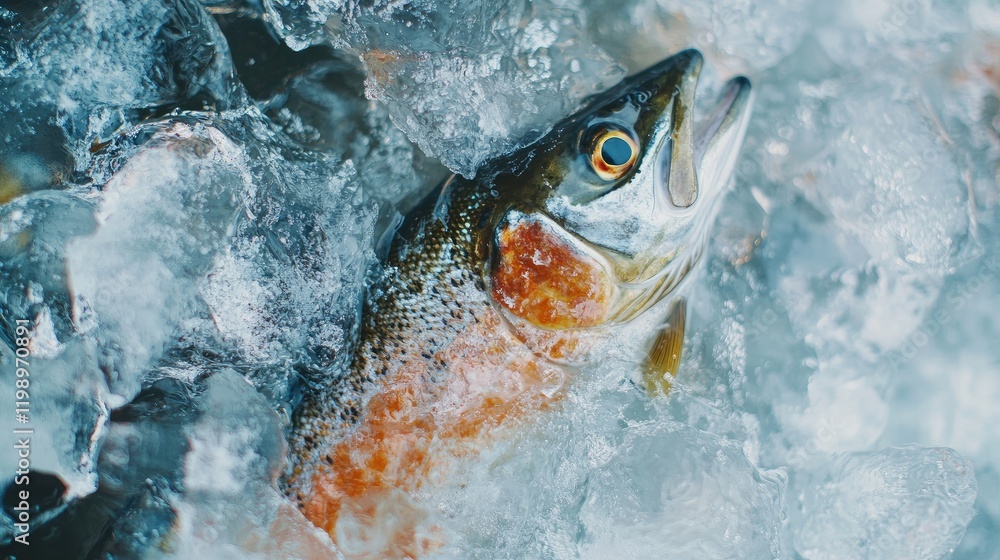 Poster frozen trout fish nestled in ice at a local seafood market with shimmering ice textures and ample em