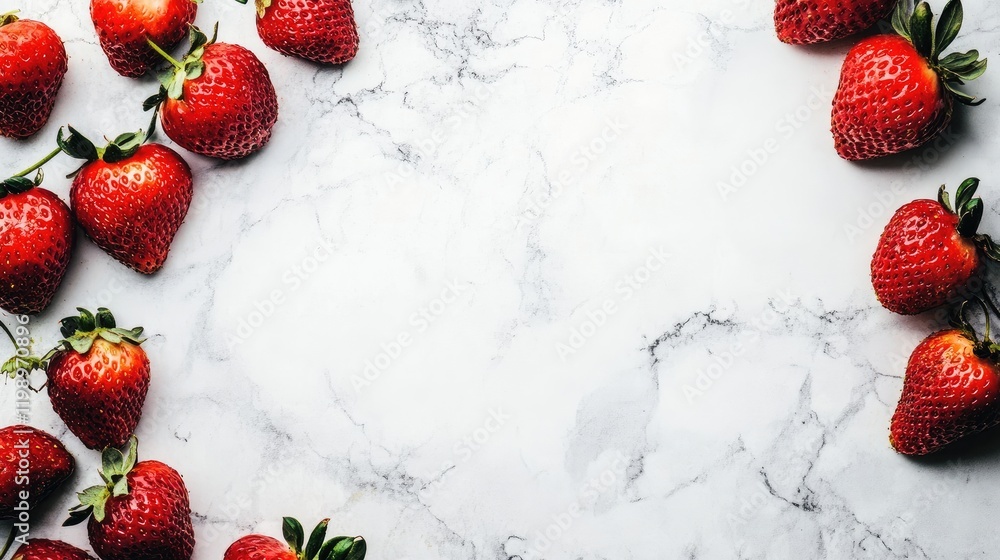 Poster fresh red strawberries framed on a white marble background with empty space for text ideal for healt