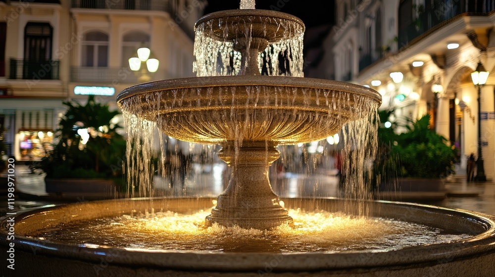 Poster illuminated stone fountain at night surrounded by lush greenery in a vibrant urban setting with warm
