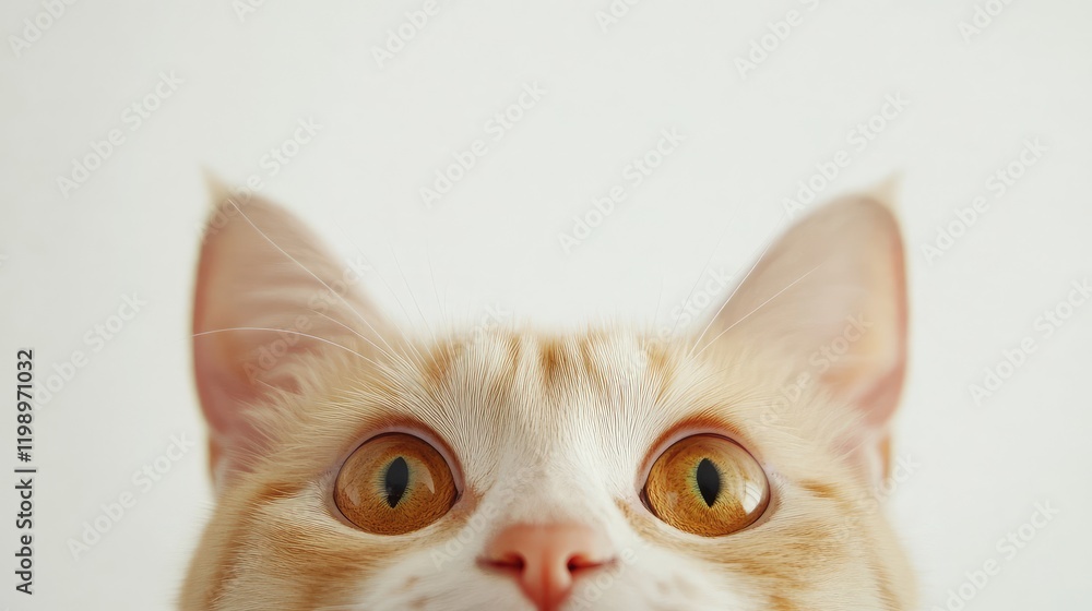 Poster close-up of a cream tabby burmilla cat's face with large amber eyes and soft fur on a white backgrou
