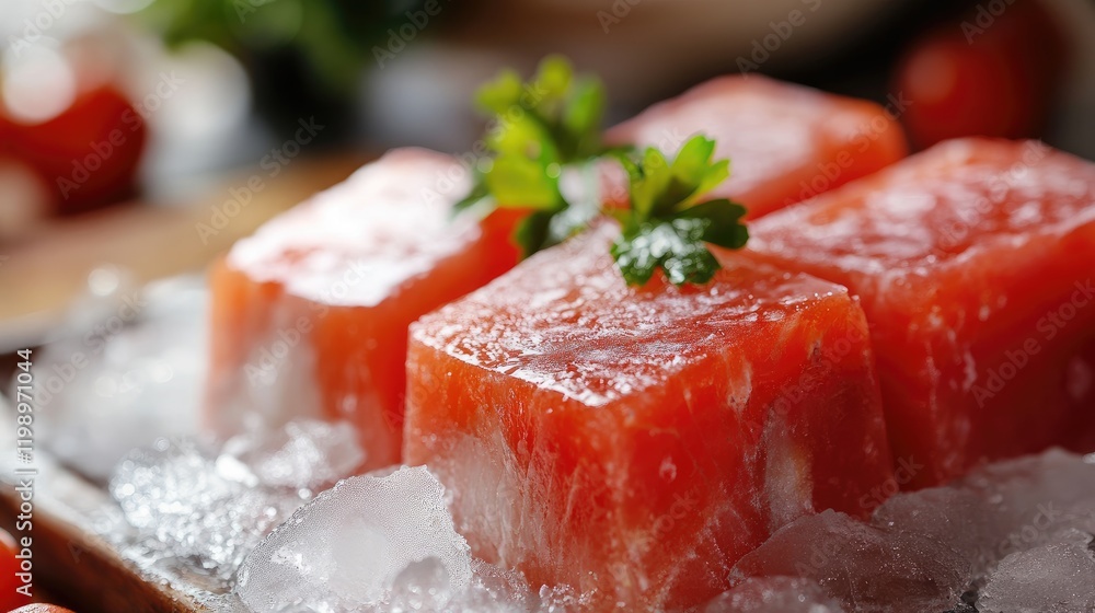 Aufkleber close-up of frozen fresh red halibut on ice with vibrant garnishes in a rustic setting, featuring a 