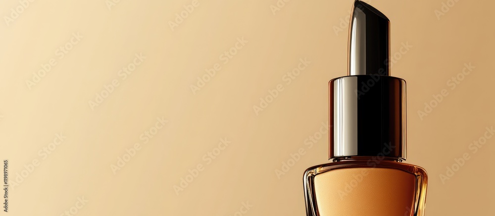 Poster elegant close up of a sleek amber cosmetic bottle with black applicator on soft golden minimalist ba