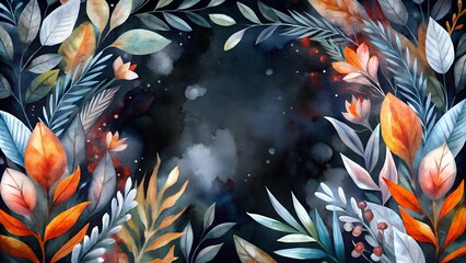 Moody Botanical Watercolor Frame with Night Sky Background for Seasonal Design