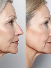 Obraz premium Side-by-side photos showing facial skin sagging and aging lines pre-facelift, and the firm, youthful, smooth results achieved post-procedure