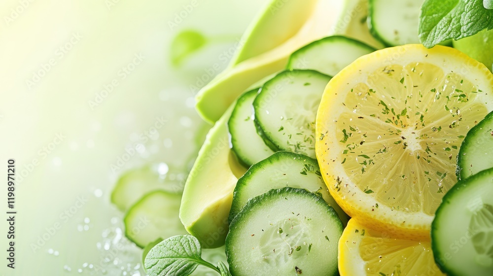 Poster fresh vegetable salad close up featuring avocado cucumber and lemon on soft green background with he