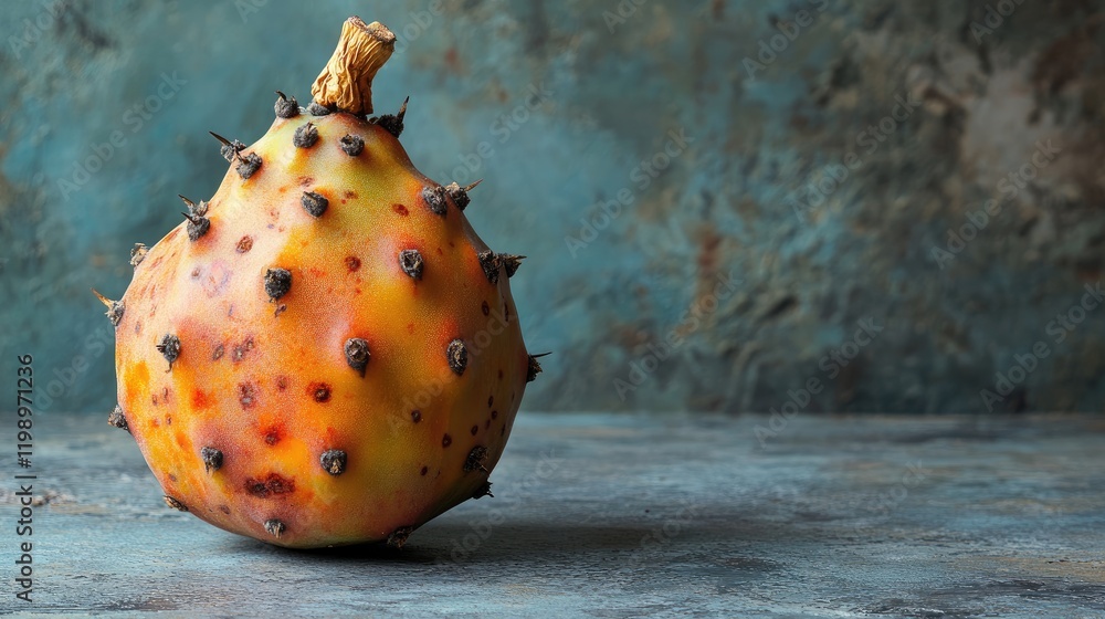 Poster close up of a dried prickly pear fruit with orange and yellow hues against a textured blue backgroun