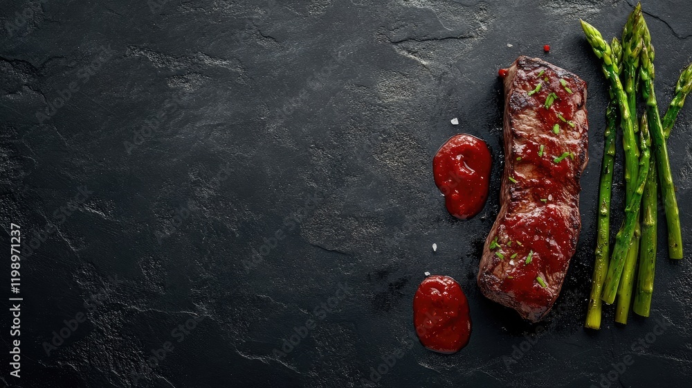 Poster grilled beef fillet topped with spicy ketchup, accompanied by fresh green asparagus on dark textured
